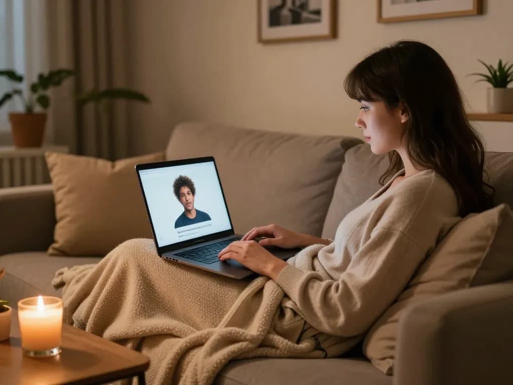 Engaging in an ai sex chat while relaxing at home, showcasing modern digital romance.