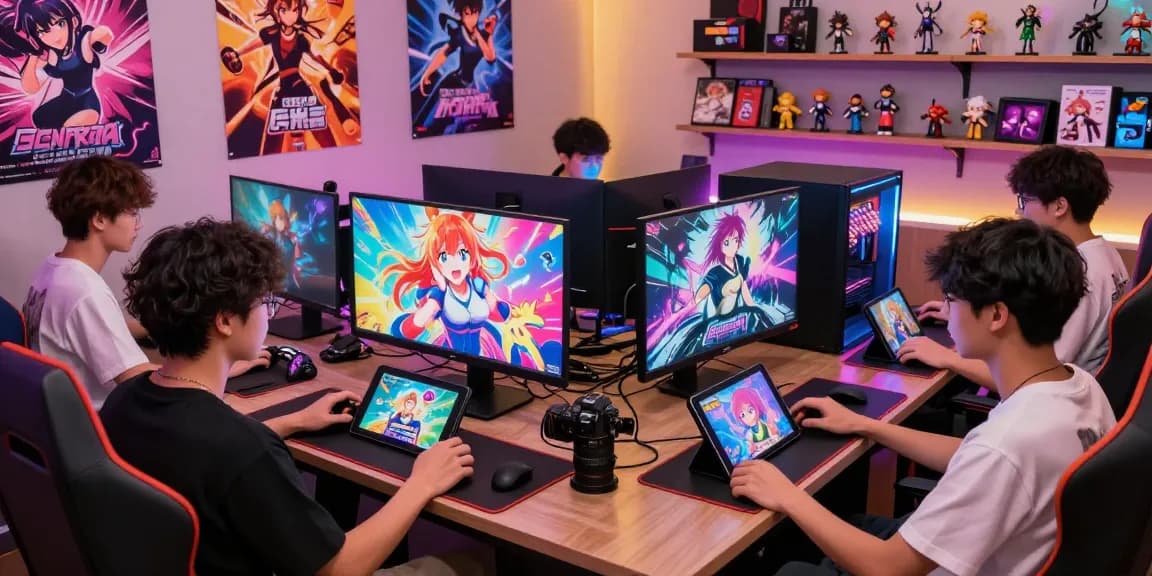 Group of gamers enjoying hentaigame sessions in a lively gaming lounge.