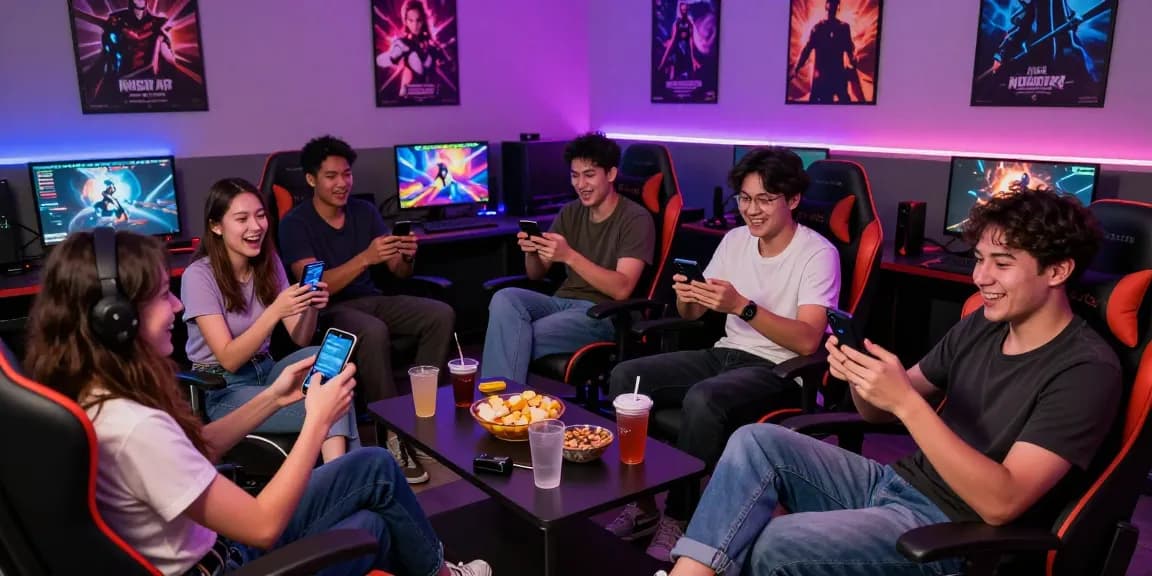 Friends enjoying NSFW APK games in a colorful gaming lounge setting.