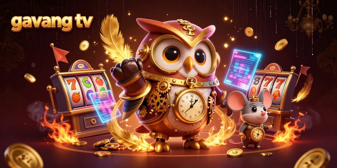 Play spinning slots at gavang tv with a whimsical steampunk owl amidst vibrant casino elements.