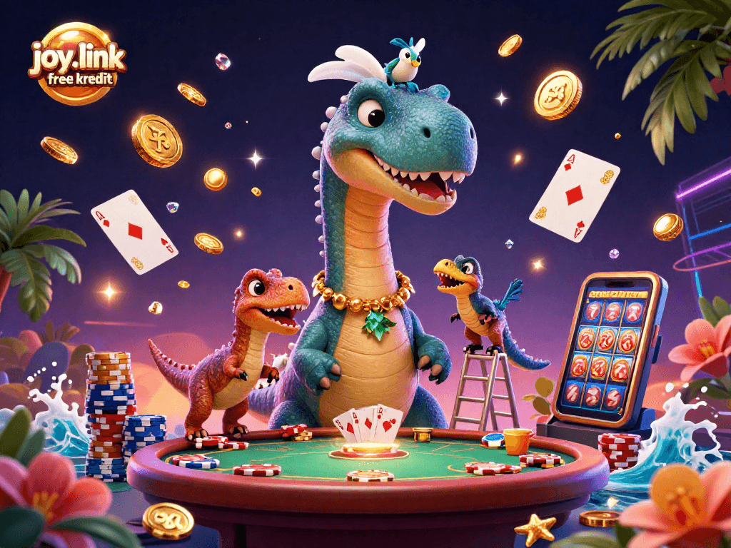 Experience thrilling moments with joy.link free kredit, featuring a giant brontosaurus in a dynamic casino scene.