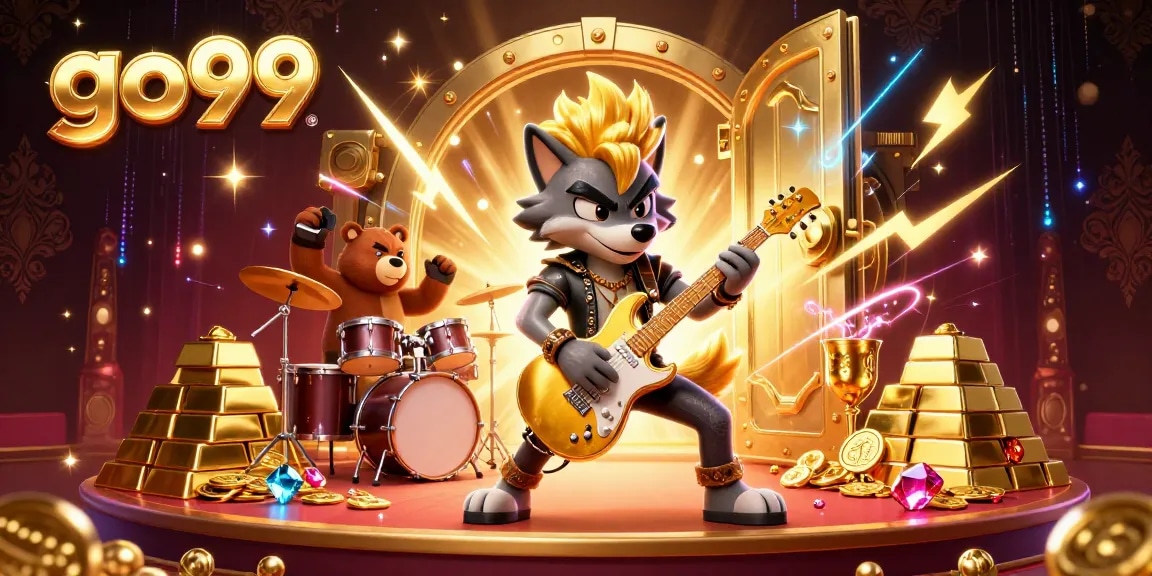 Win big with go99 as a rock star wolf shreds an electric guitar on a vibrant casino stage.