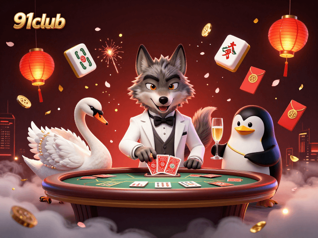 Engage in thrilling gaming action with 91club's vibrant 3D casino illustration featuring colorful characters and elements.