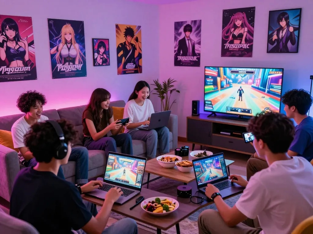 Players enjoying diverse porno games in a lively living room setting, showcasing gaming interactions and vibrant atmosphere.