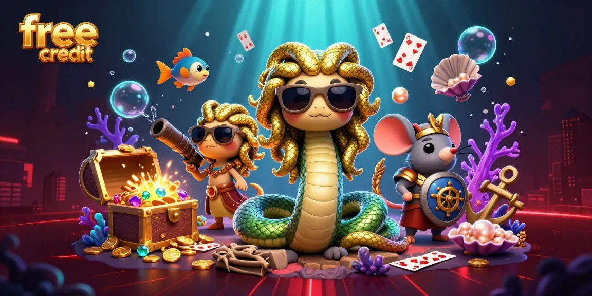 Experience free credit gaming excitement with Medusa, a warrior mouse, and vibrant treasure elements in an illustrative casino scene.