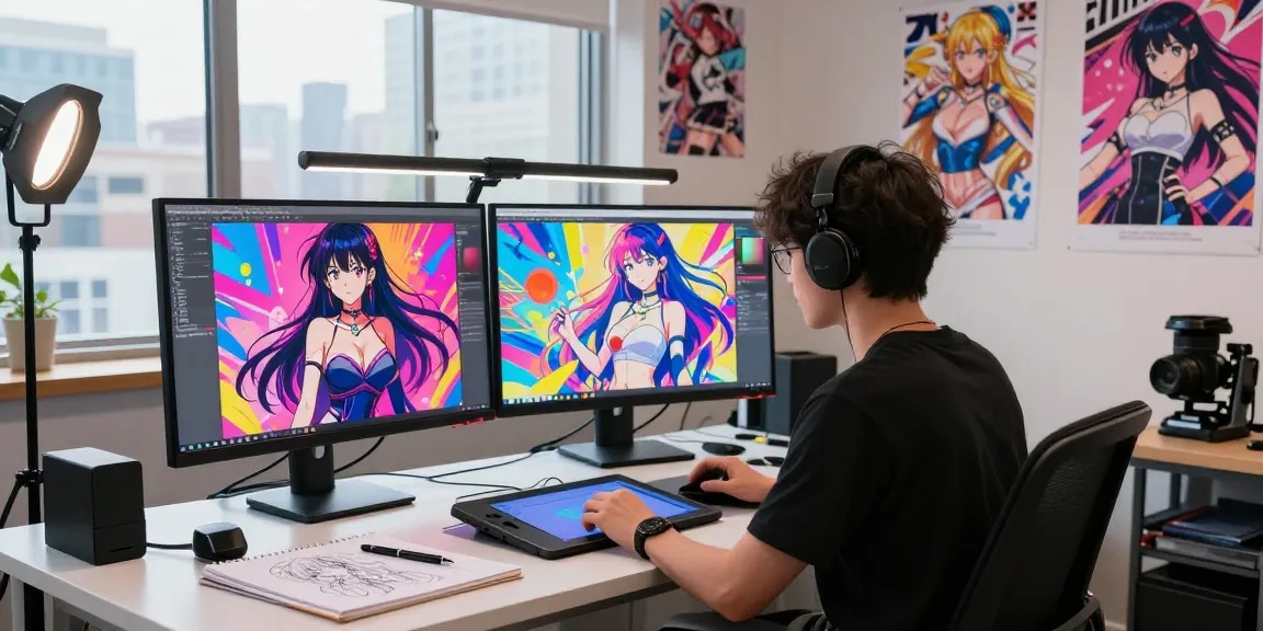 Dynamic scene of an artist creating AI ecchi illustrations in a modern digital art studio.