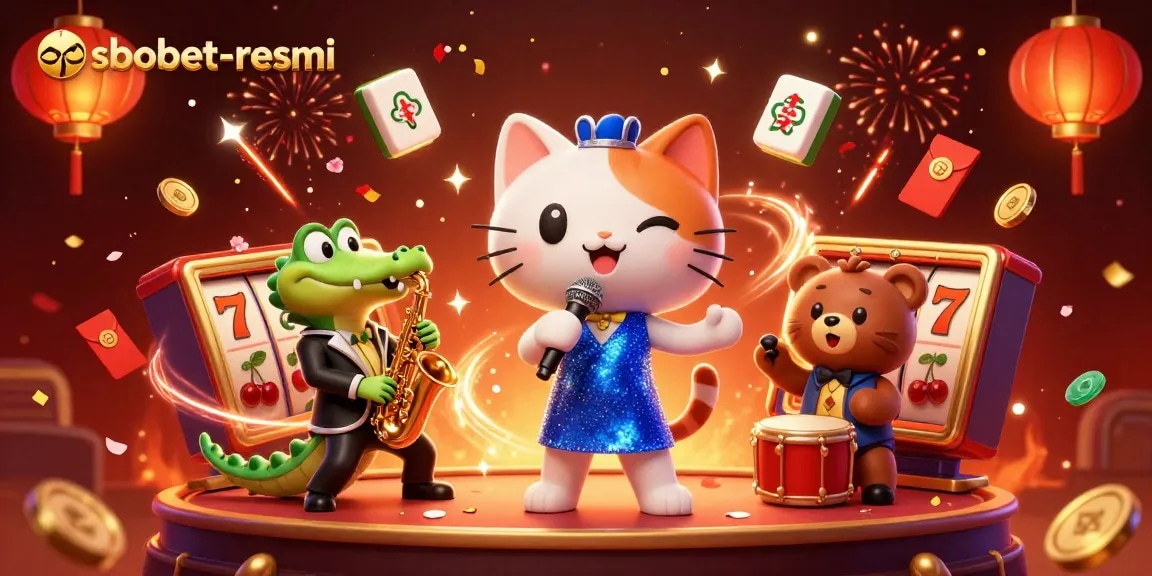 Experience engaging gaming excitement at sbobet-resmi with a vibrant casino scene featuring lively characters.