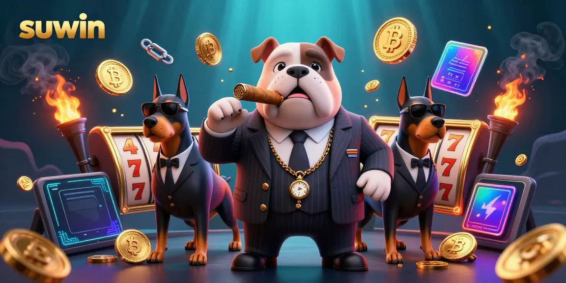 Suwin themed casino illustration featuring a mafia boss bulldog and bodyguard Dobermans surrounded by slot game elements and glowing cryptocurrency.