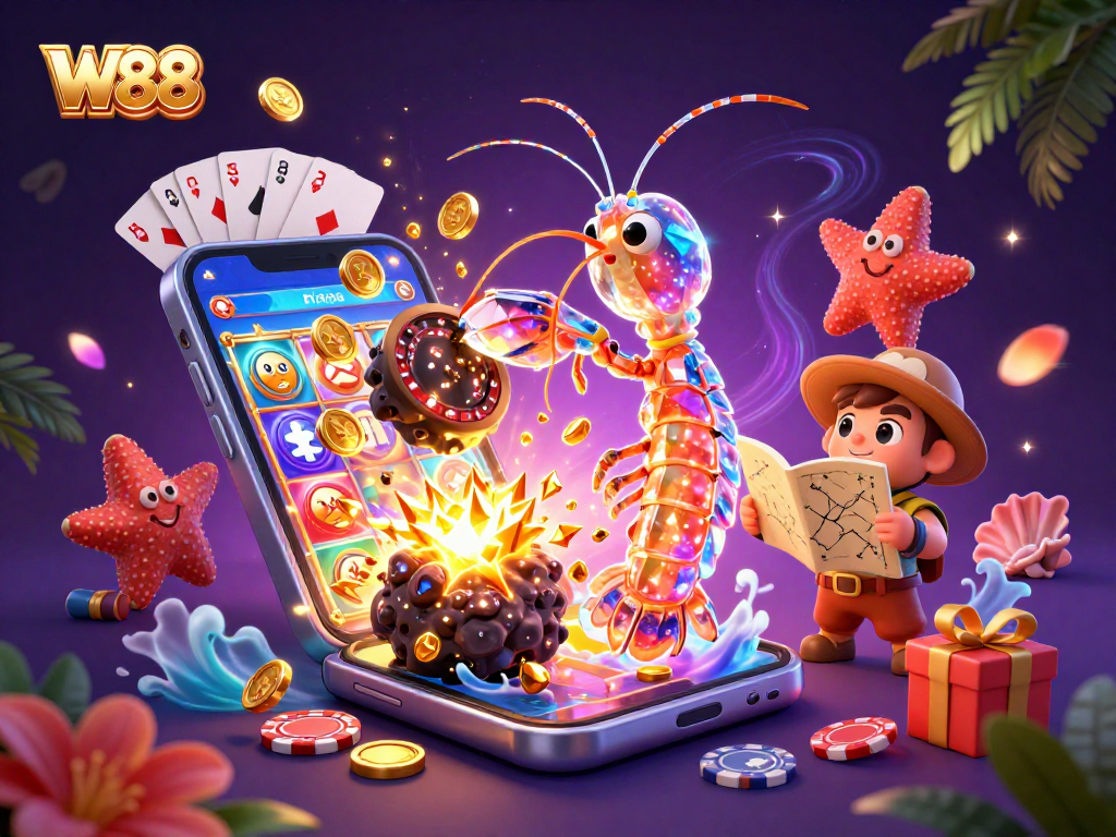 Experience thrilling gaming action at W88 with vibrant slots and engaging elements in this dynamic illustration.