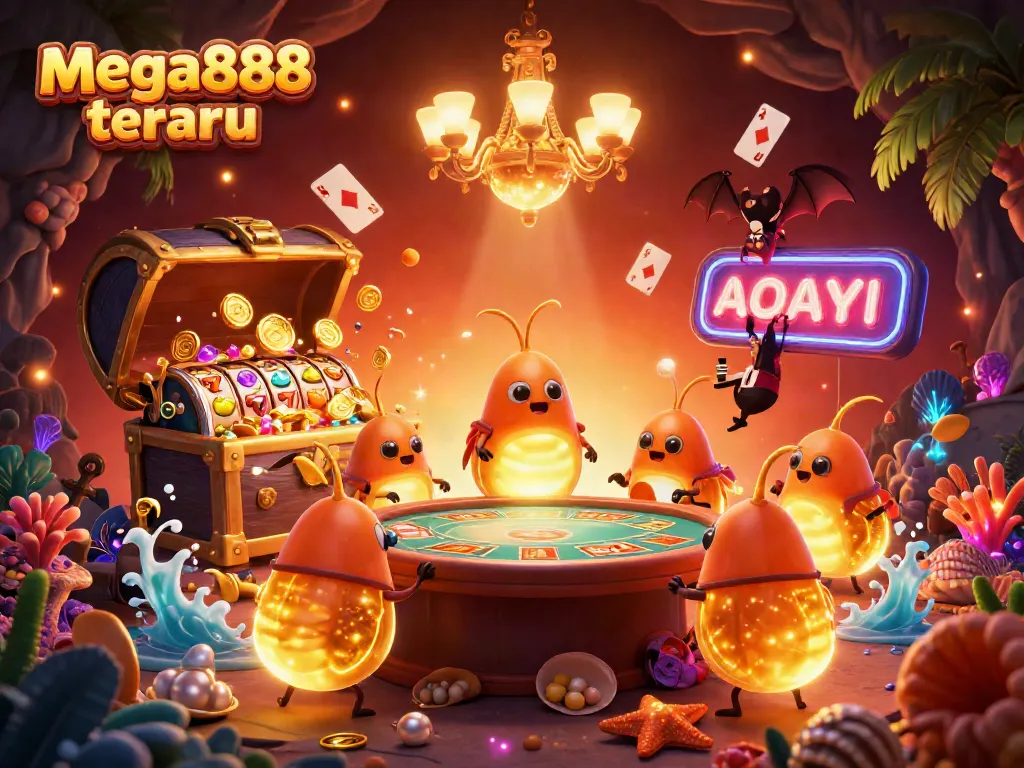 Play and win with mega888 terbaru in a vibrant cave casino illuminated by glowing characters.