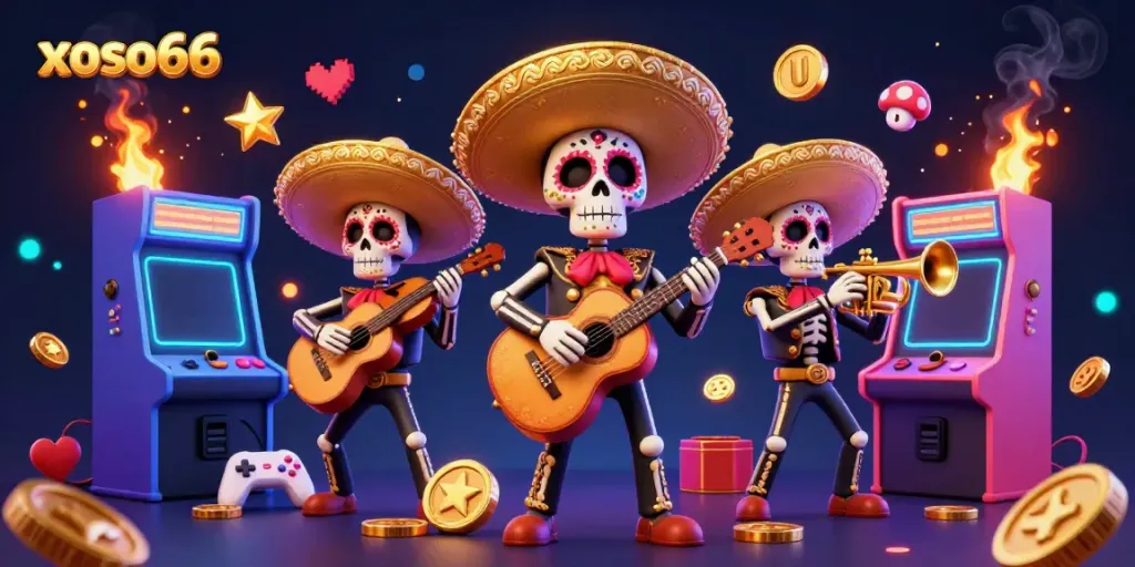 Experience the vibrant world of xoso66 with an energetic mariachi band amidst colorful gaming elements.