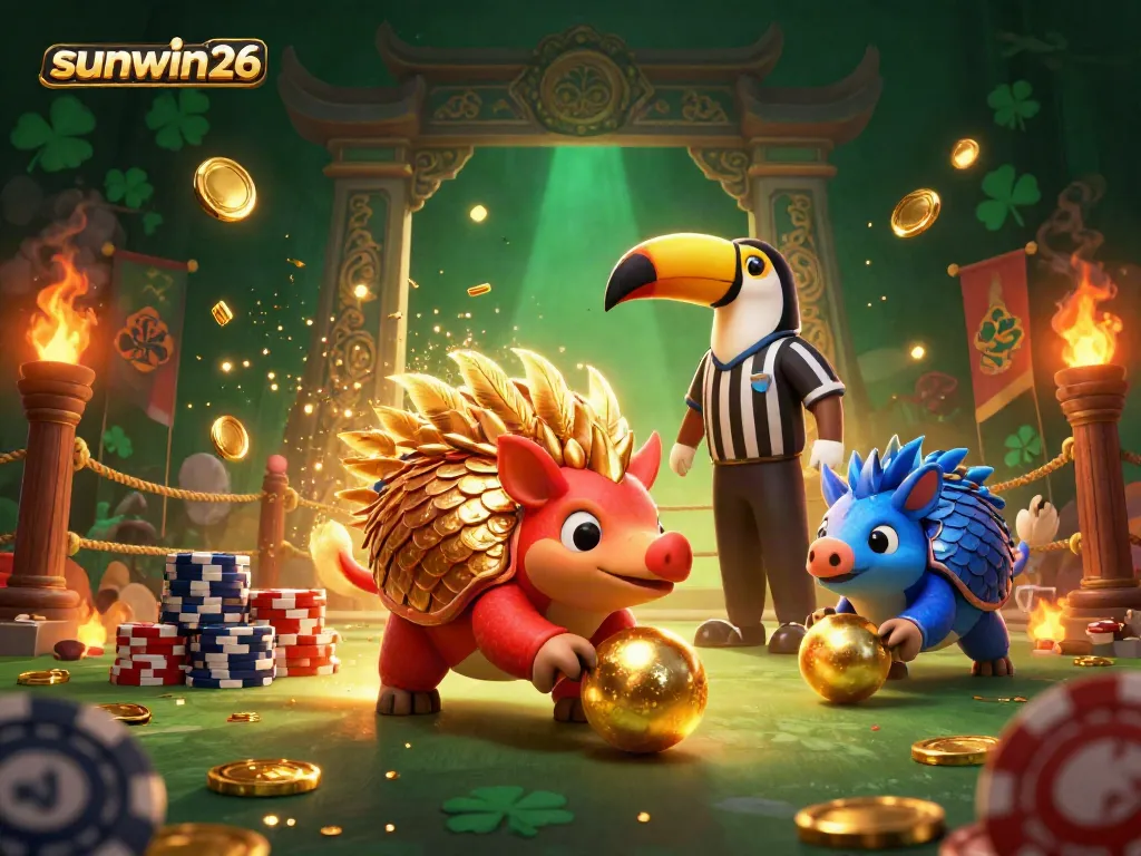 Experience the competitive spirit at sunwin26 with cartoon pangolins bowling through poker chips and golden coins.