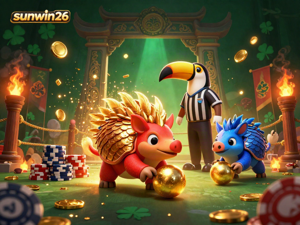Experience the competitive spirit at sunwin26 with cartoon pangolins bowling through poker chips and golden coins.
