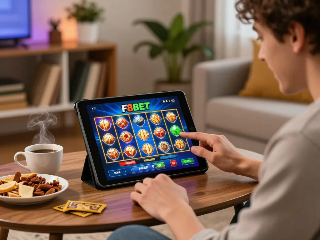 Player enjoying an online slot game at home on F8BETLV tablet, showcasing responsible gaming.