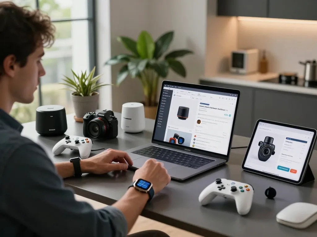 Exploring trending tech gadgets in a modern workspace with Bluetooth devices and smartwatches.