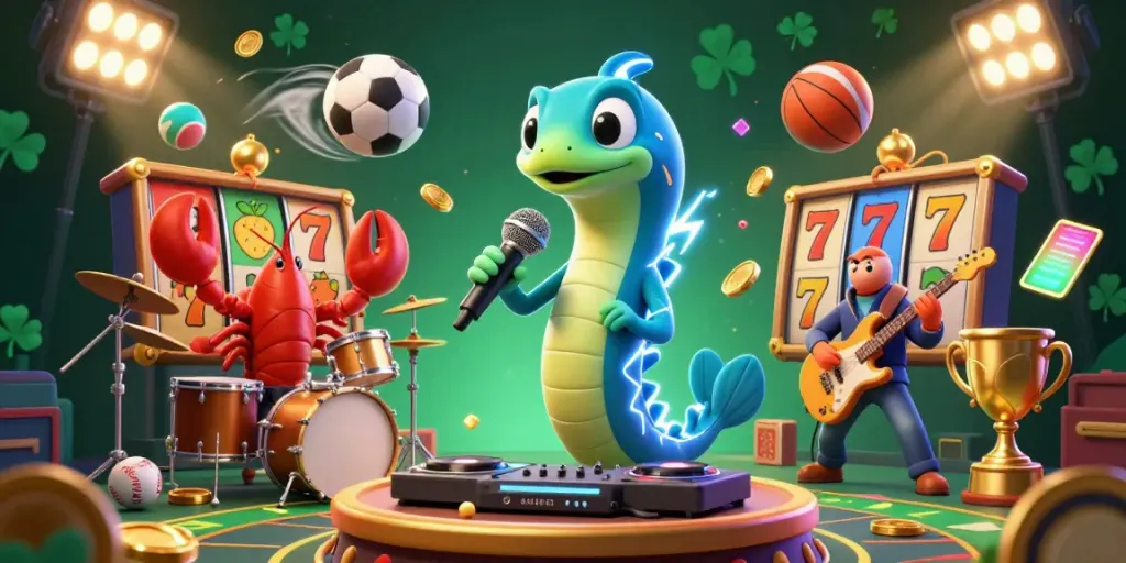 Enjoy thrilling gaming action with mrlucky88's vibrant underwater casino scene featuring an electric eel DJ.