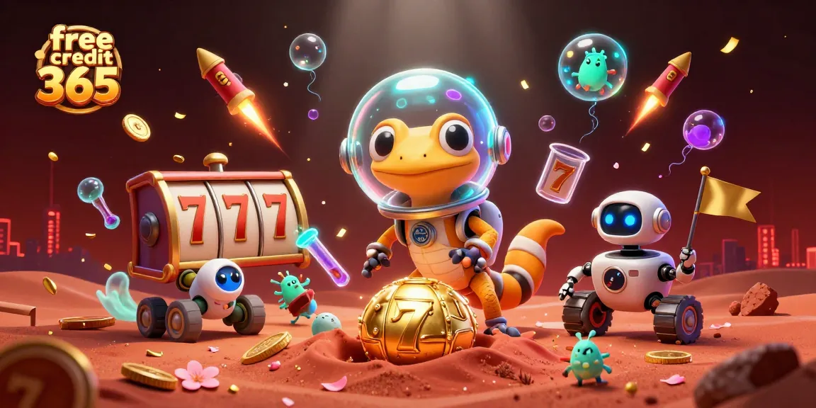 Experience free credit 365 with a Martian gecko discovering a golden casino amidst beautiful casino elements.
