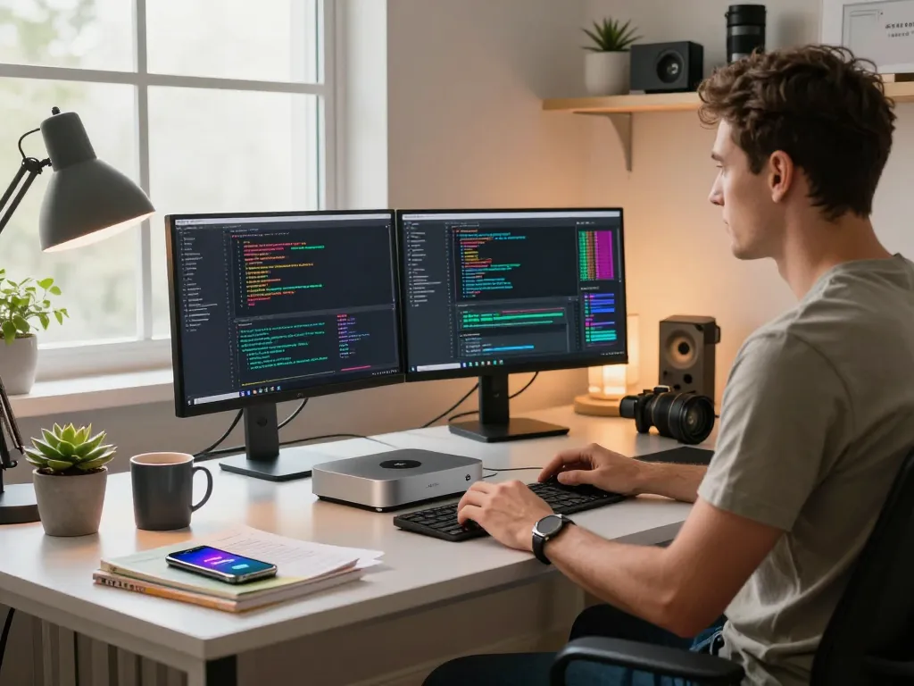 Developer coding with a Mac mini in a modern workspace, showcasing integration with tech tools.