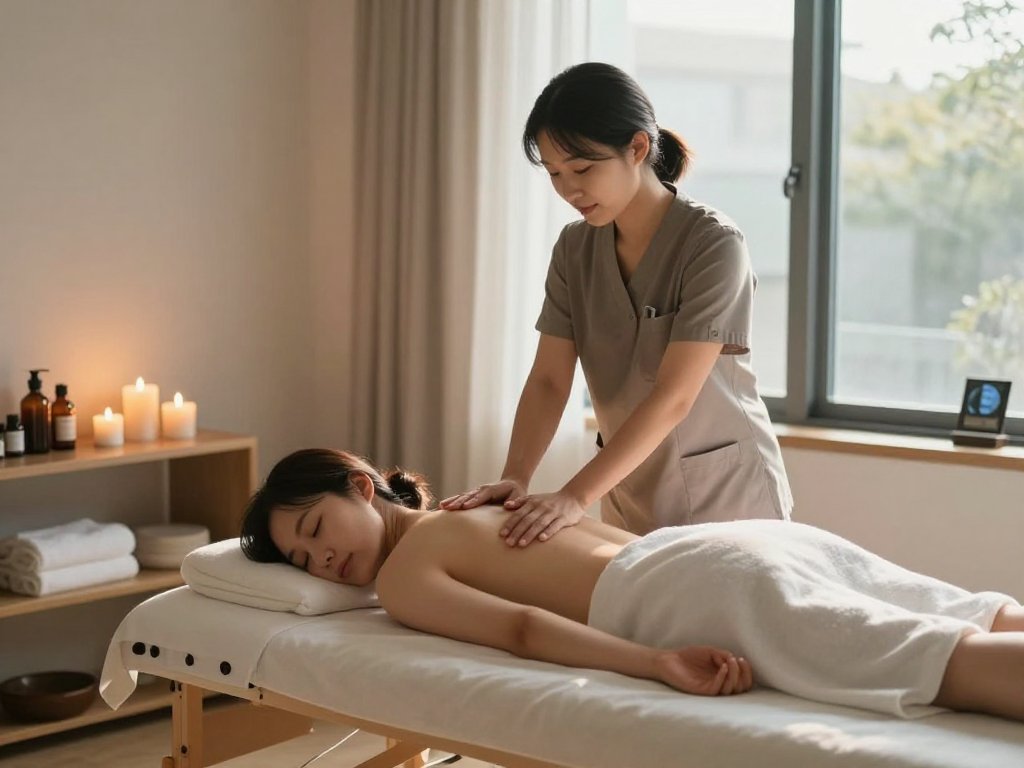 Professional 용산출장안마 session in a calming home environment with a therapist and client.