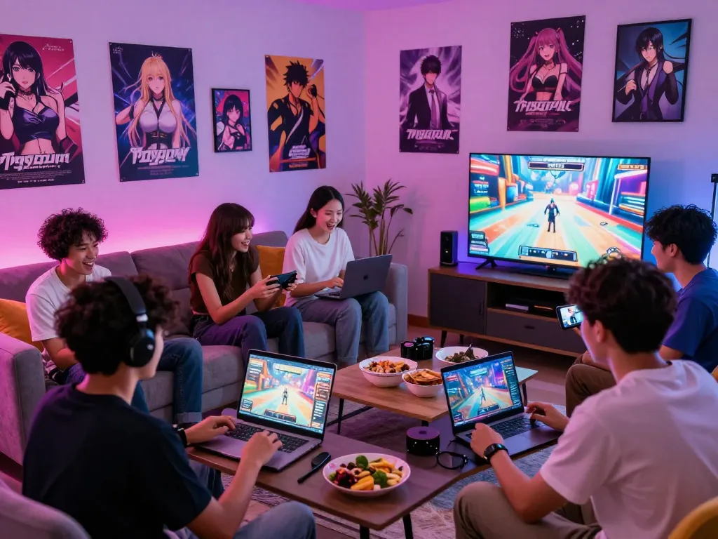 Players enjoying diverse porno games in a lively living room setting, showcasing gaming interactions and vibrant atmosphere.