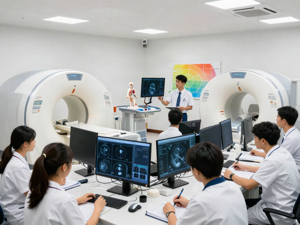 Group of medical students learning about CT Scan, X-Ray, and MRI at https://radiologyexplained.com in a modern training space.