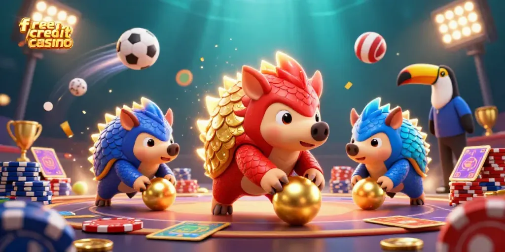 Experience thrilling gameplay at a free credit casino with vibrant pangolin characters rolling through golden chips.
