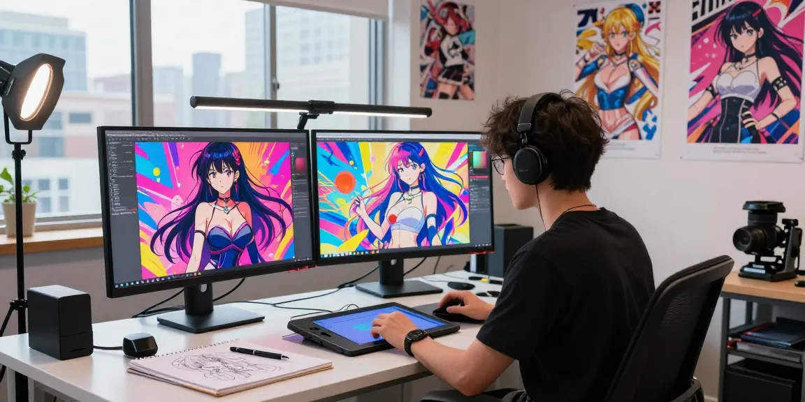 Dynamic scene of an artist creating AI ecchi illustrations in a modern digital art studio.