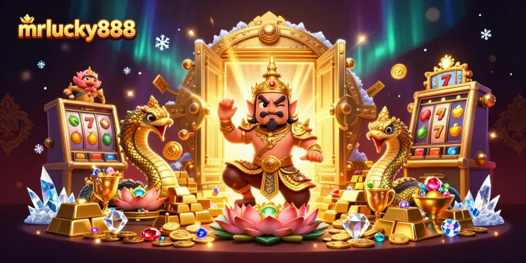 Engage with mrlucky888 through vibrant casino adventure featuring gold treasures and slot machines.