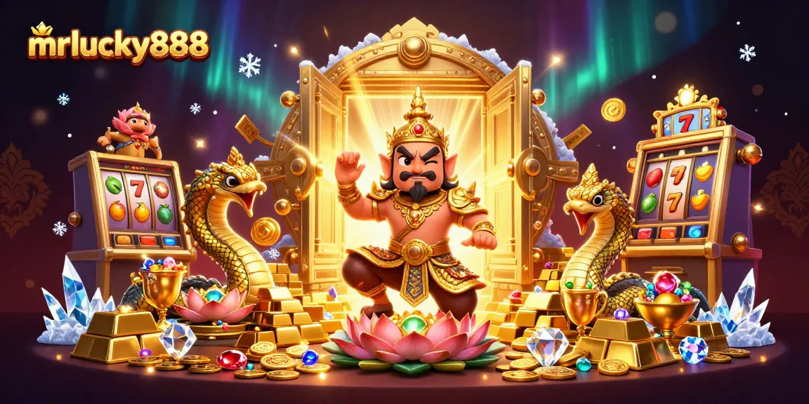 Engage with mrlucky888 through vibrant casino adventure featuring gold treasures and slot machines.