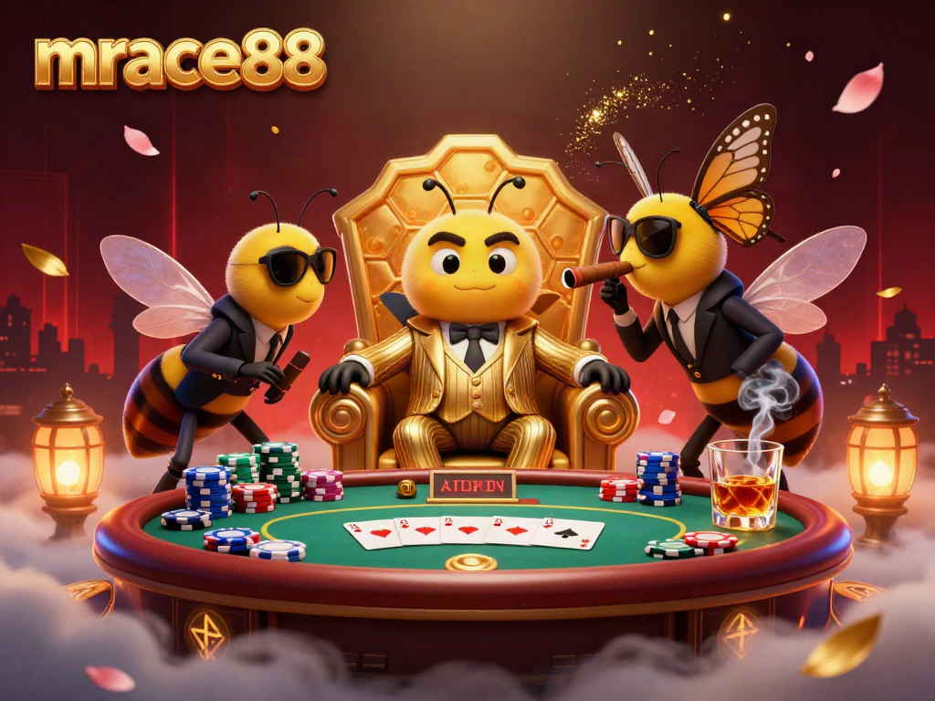 Engaging scene featuring mrace88 with a bumblebee mob boss, surrounded by poker elements and rich casino atmosphere.