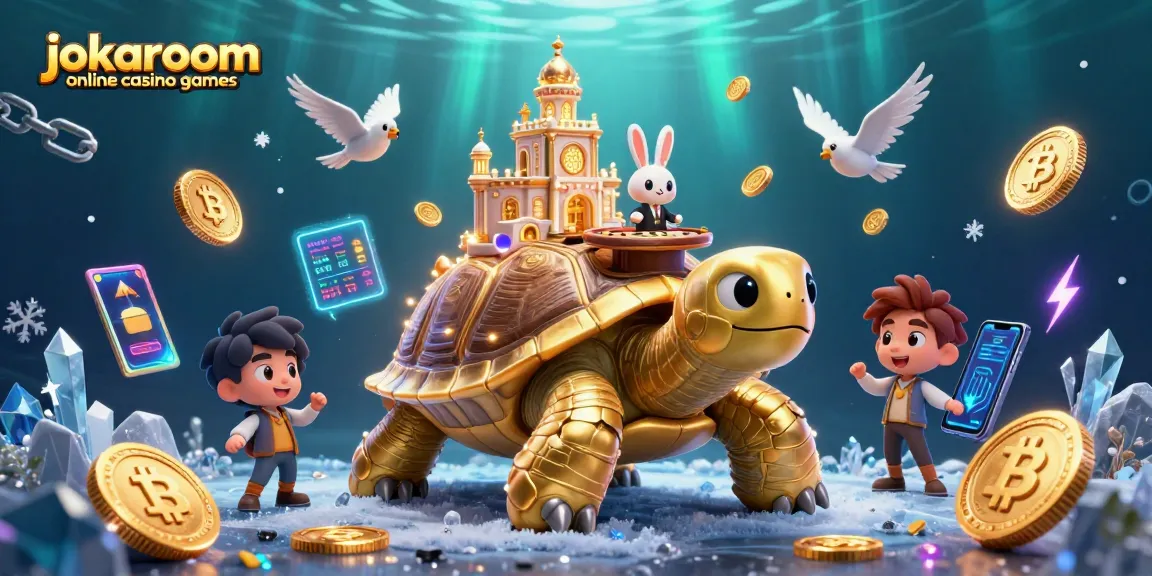 Engage with jokaroom online casino games in this vibrant 3D casino illustration featuring a golden tortoise and exciting gameplay elements.