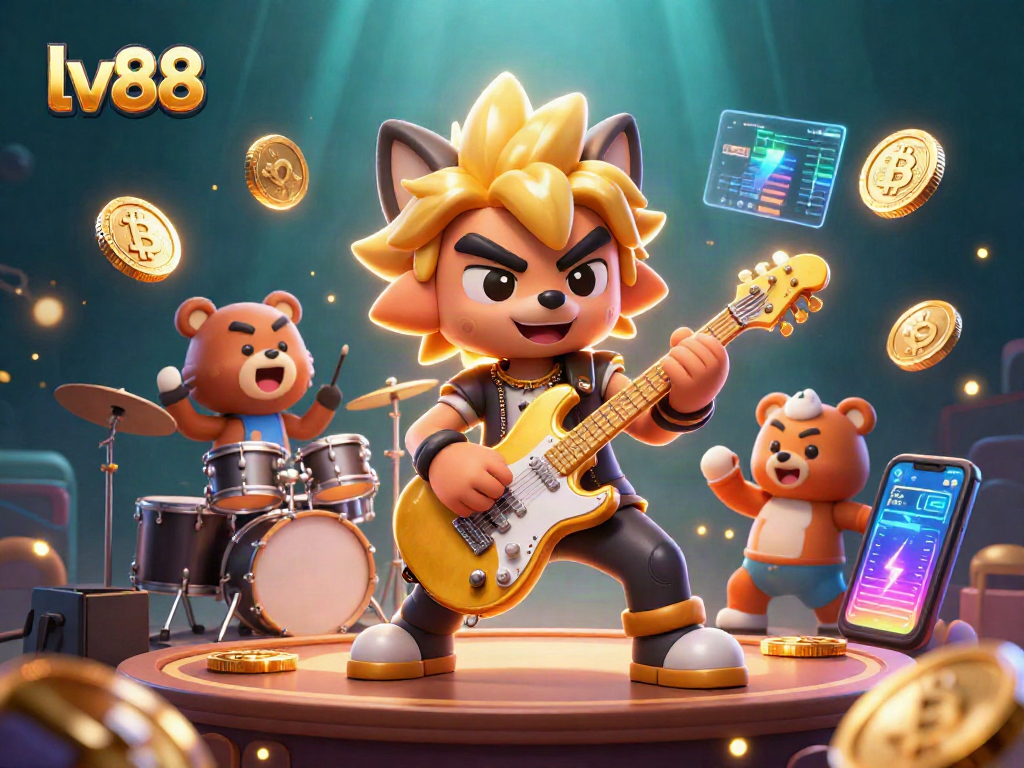 Engage with lv88's vibrant casino scene featuring a rock star wolf, drummer bear, and dynamic gaming elements.