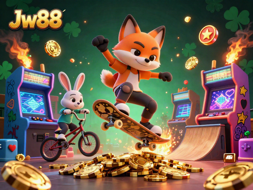 Join the Jw88 adventure with a vibrant gaming scene featuring dynamic characters and casino elements.