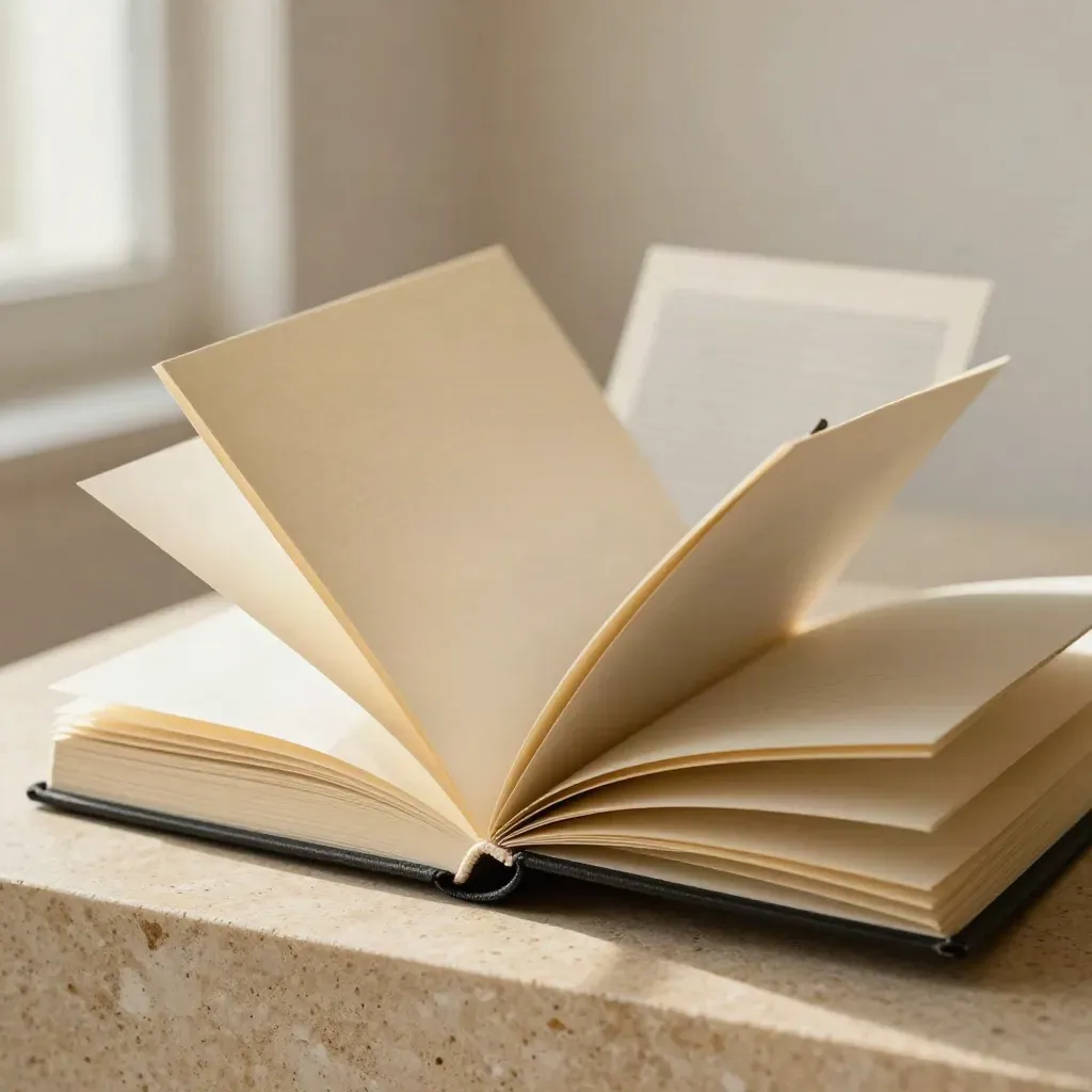 Buku kecil 16 halaman dengan jahitan tengah terbuka di atas plinth travertin cerah