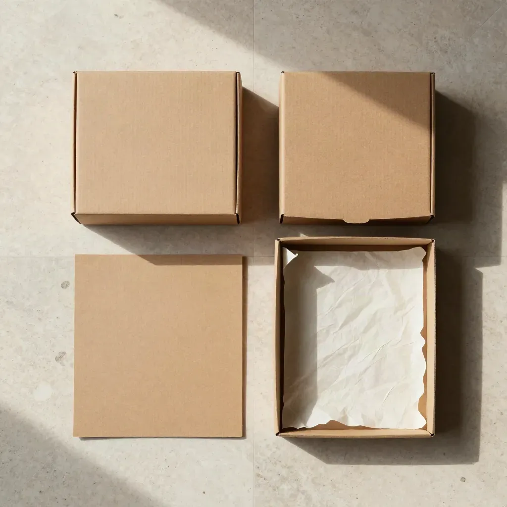 Kotak lipat kraft dengan tray dan tisu di atas batu travertine.
