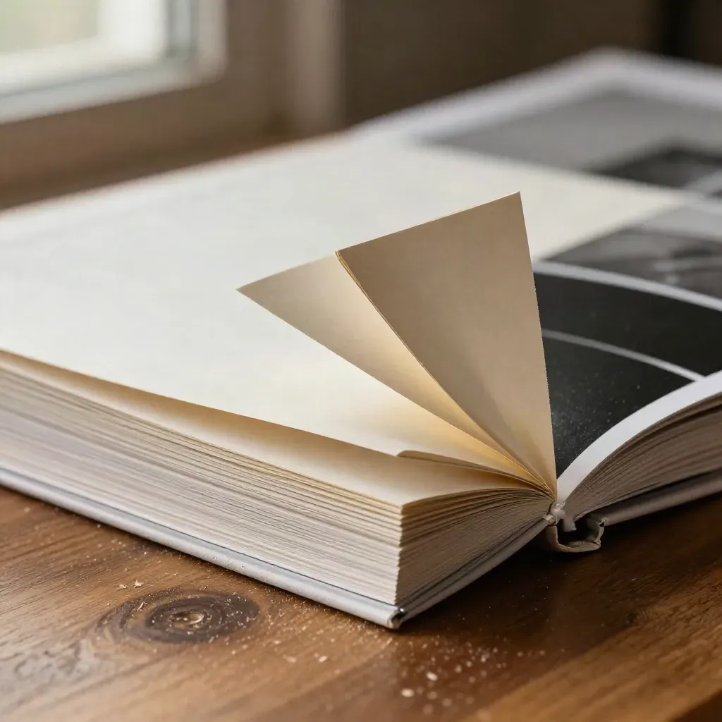 Katalog A4 tebal dengan helaian kertas beralun di atas meja kayu walnut, cahaya lembut.