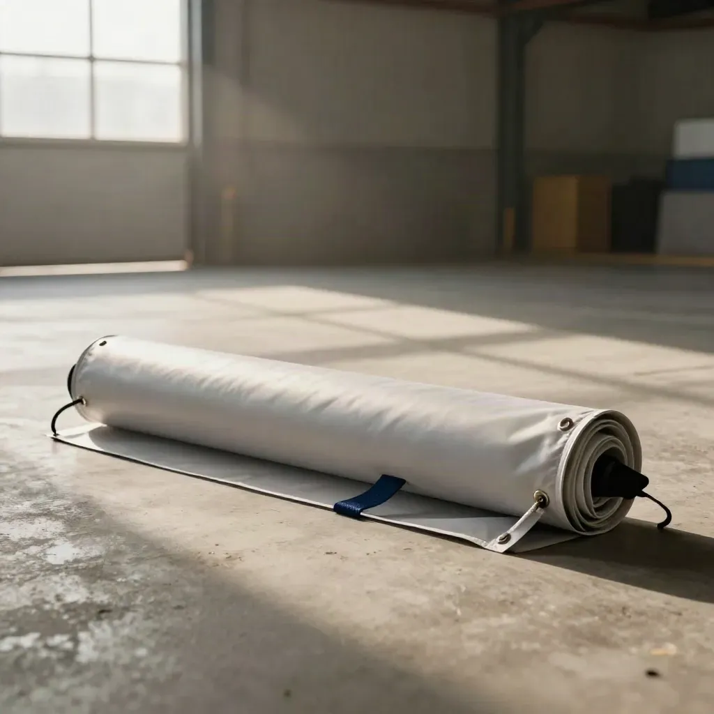Sepanduk PVC bergulung dengan tiub dan tali di lantai loading bay, ditiup angin lembut.