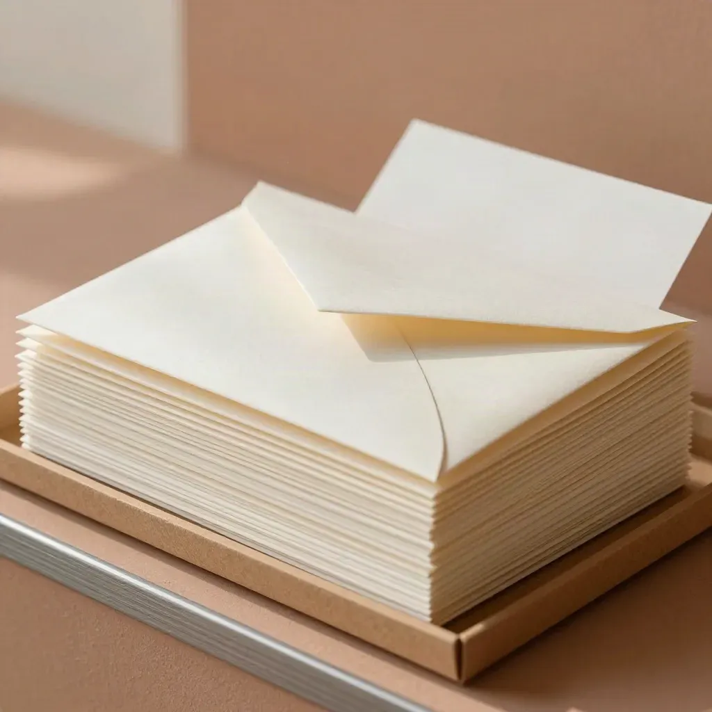 Timbunan sampul surat premium dalam dulang, dengan sampul atas separuh keluar.