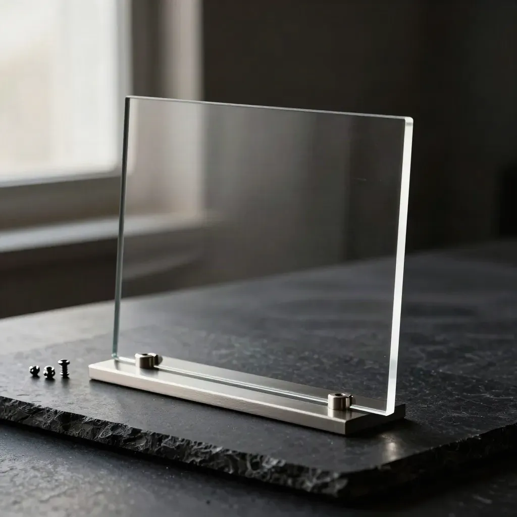 Panel tanda akrilik jelas di atas tapak hitam dengan perkakasan kecil dan pantulan lembut.