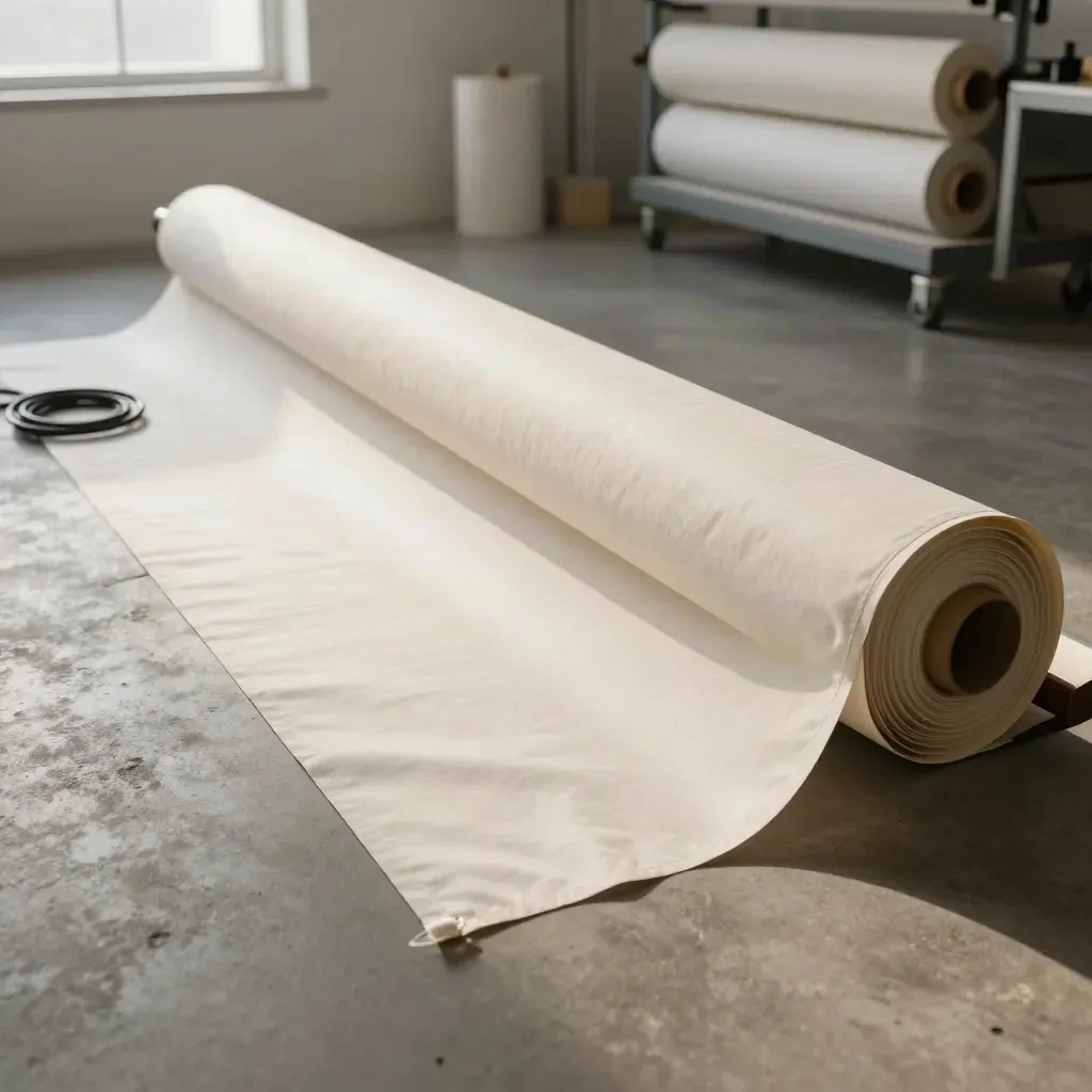 Bunting 3x8 kaki bergulung dengan tali dan hem tape di lantai kilang cetak.