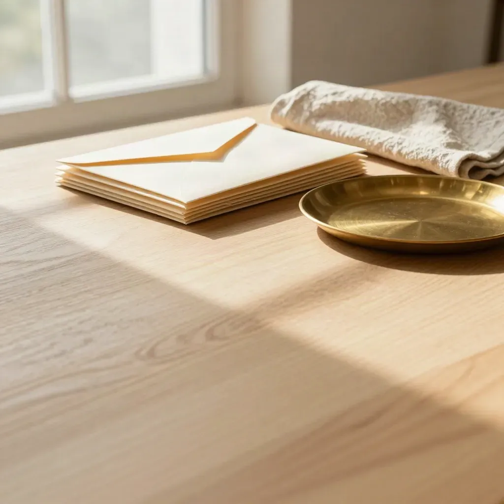 Permukaan oak cerah dengan sampul krim, dulang gangsa dan kain linen di bawah cahaya tingkap pagi.