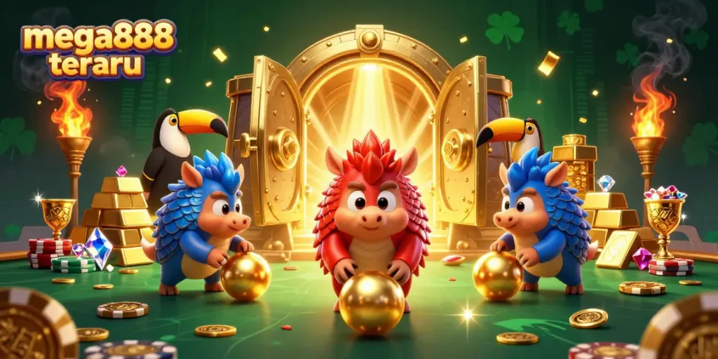 Engage in mega888 terbaru with rival pangolins bowling through poker chips amidst gold treasures.