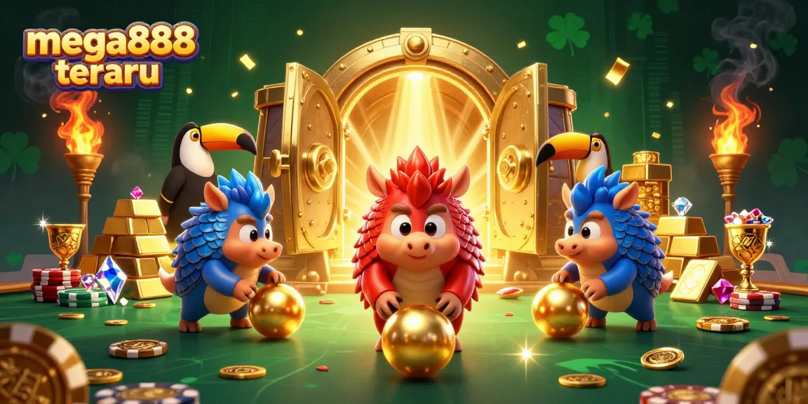 Engage in mega888 terbaru with rival pangolins bowling through poker chips amidst gold treasures.