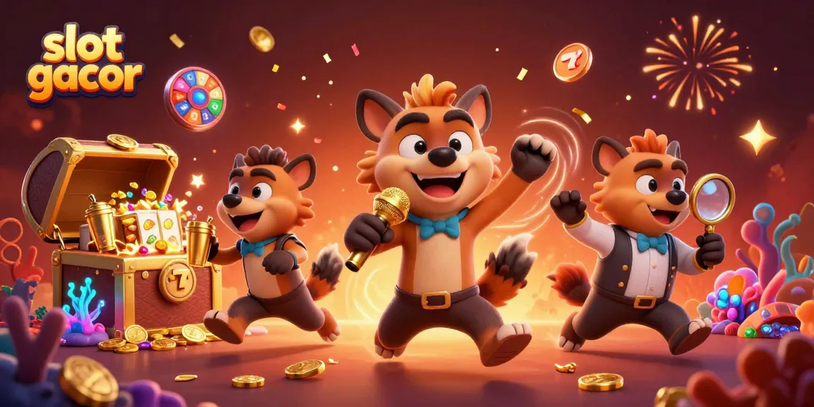 Engage with slot gacor in a vibrant casino scene featuring hyenas mixing drinks and entertaining