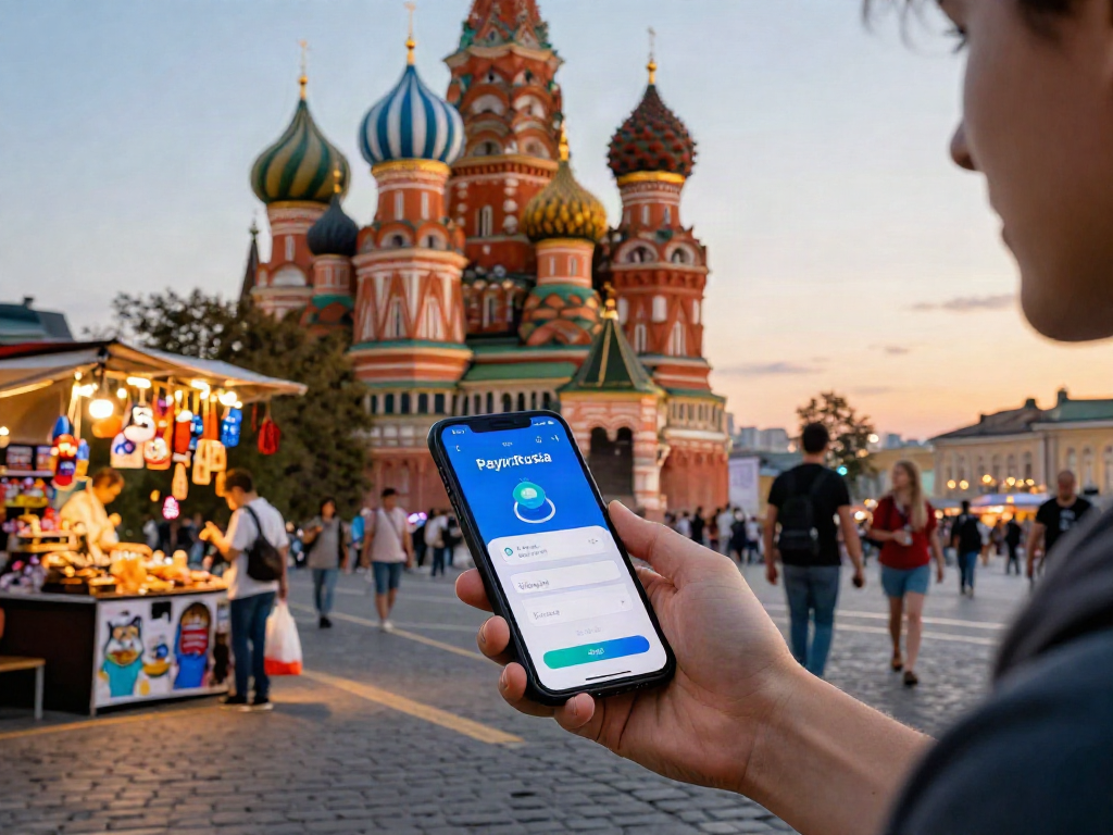 Pembayaran menggunakan aplikasi PayInRussia di alun-alun bandar yang meriah di Rusia.