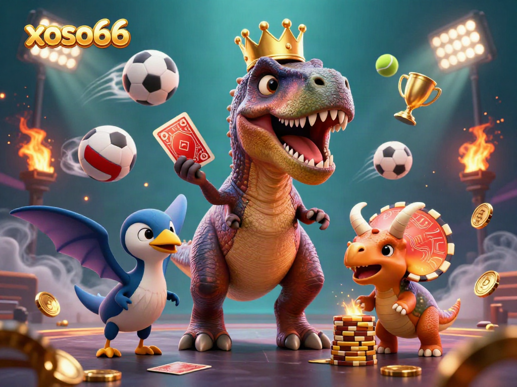 xoso66 brings excitement with friendly T-Rex shuffling cards, surrounded by colorful sports elements and golden coins.