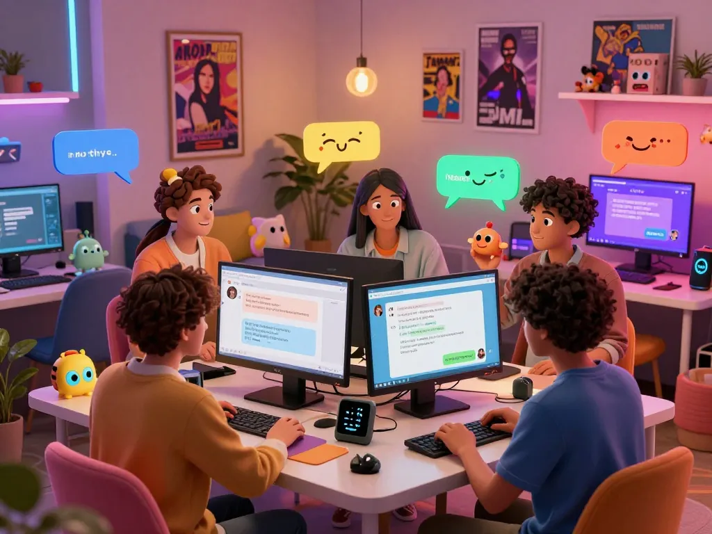 Engaging ai chat nsfw interactions in a cozy digital chat room with animated characters and colorful messages.