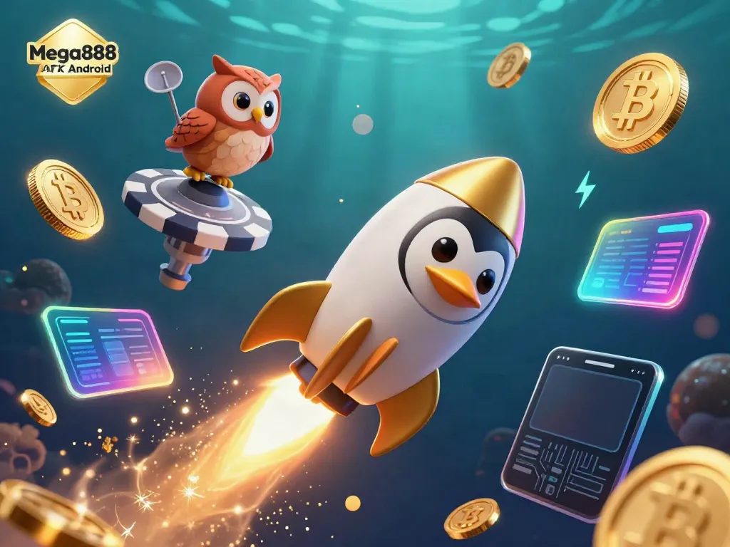 Play Mega888 APK Android with our lively 3D casino-themed illustration featuring vibrant gaming elements.
