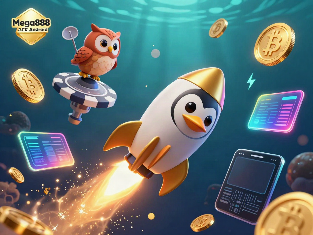 Play Mega888 APK Android with our lively 3D casino-themed illustration featuring vibrant gaming elements.