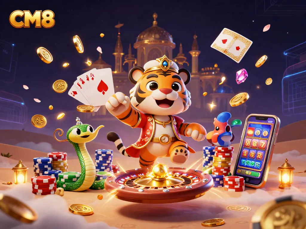 Win big with CM8 in this vibrant casino-themed digital illustration featuring epic gaming elements.
